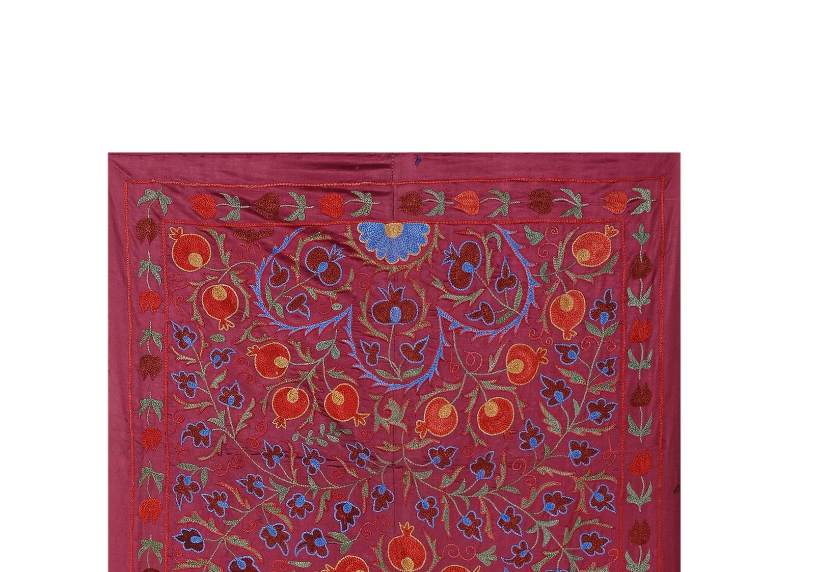 Silk Red Suzani Runner, Handmade Samarkand Suzani Fabric, Wall Hanging Decor And Coverlet 95 X 190 photo vintage