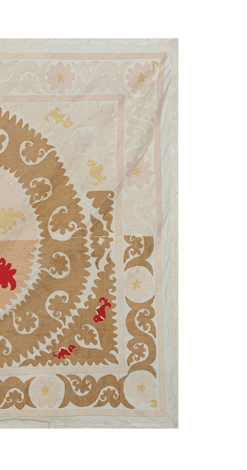Suzani White Washed   Beige And Rasbperry Uzbek Table Cloth   Tribal Wall Decor, Vintage Suzani Textile 153 X 166 photo for sale