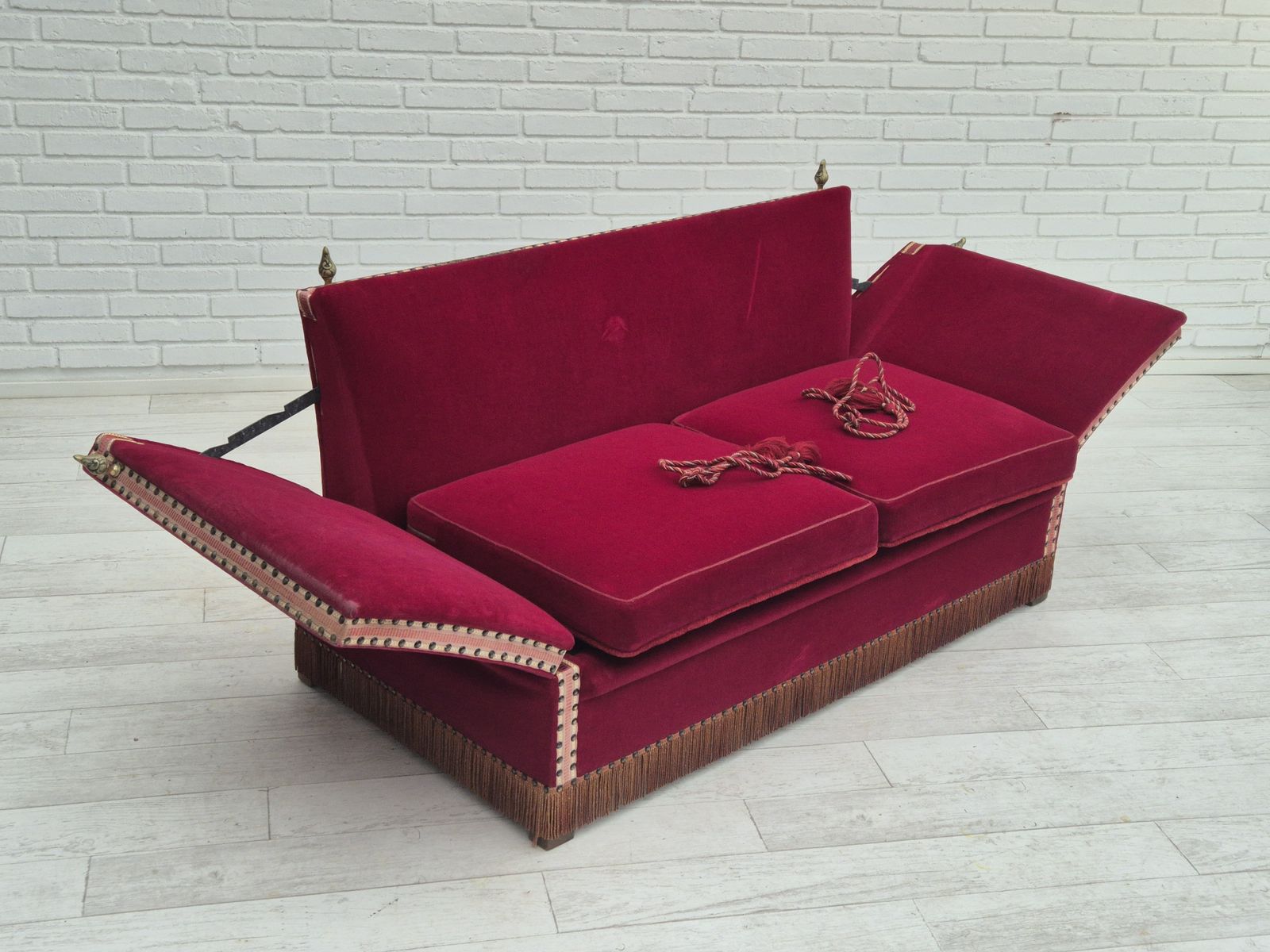 photo furniture 1960s, Danish Velour 2 Seater Drop Arm Sofa, Velour, Original Condition.