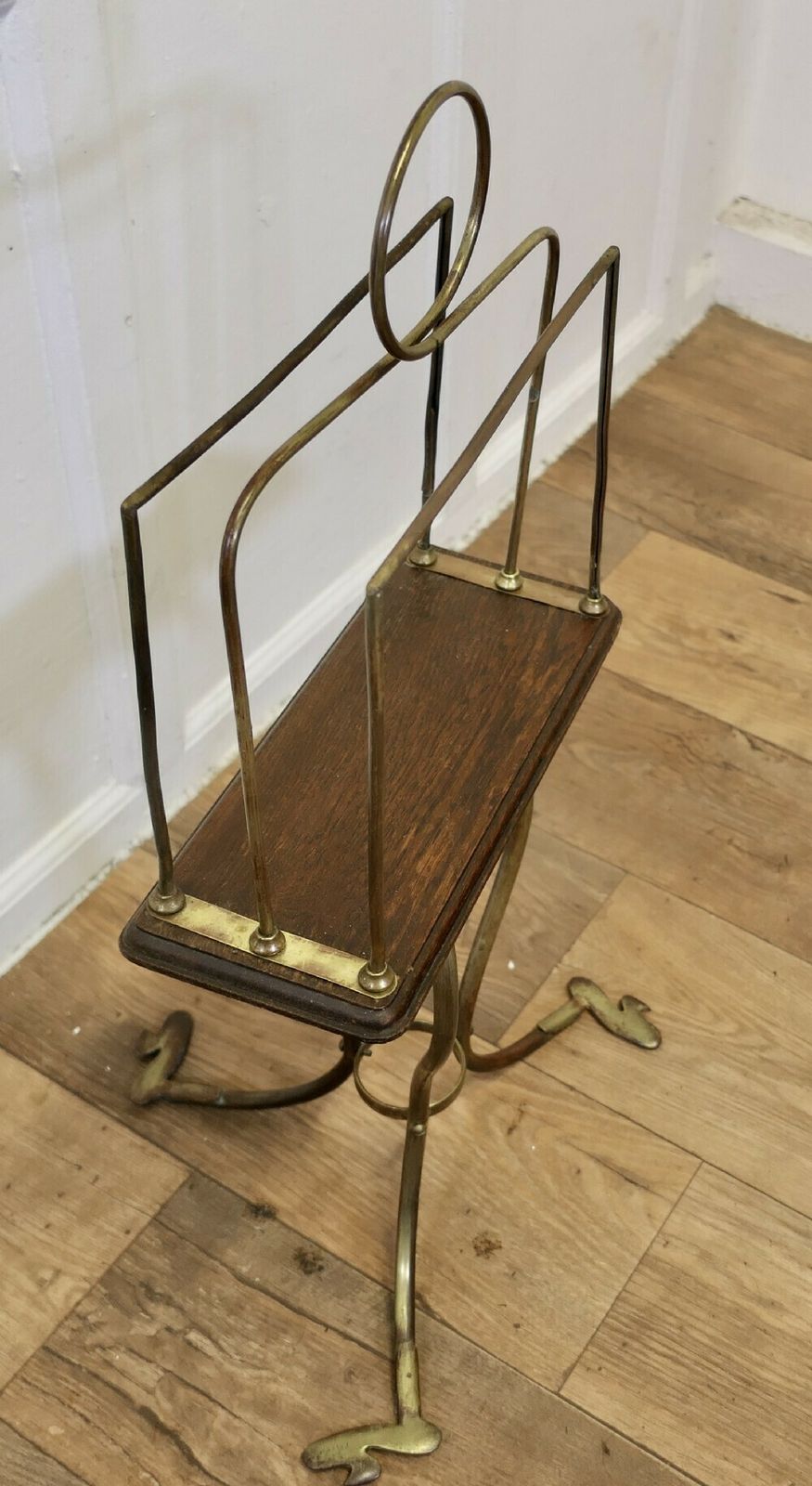 Stylish Victorian Golden Oak And Brass Revolving Magazine photo for sale