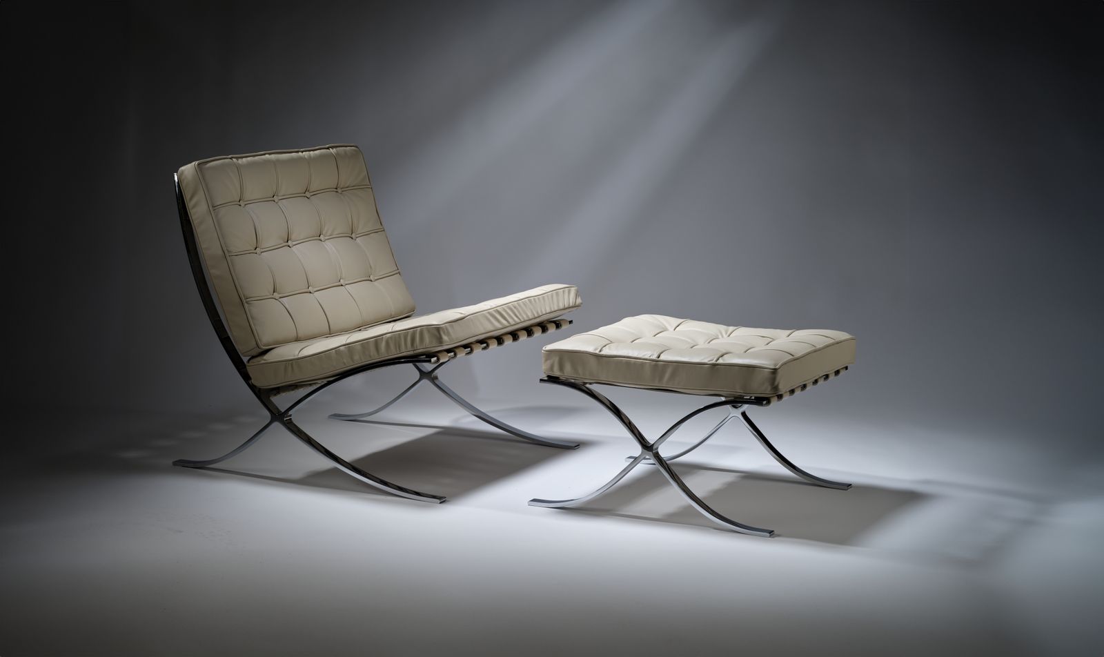 Exquisite, Fully Restored Iconic Genuine Barcelona Chair & Ottoman By Mies Van Der Rohe For Knoll Inc, Stunning Italian Ivory Leather, USA Circa 2001. photo for sale