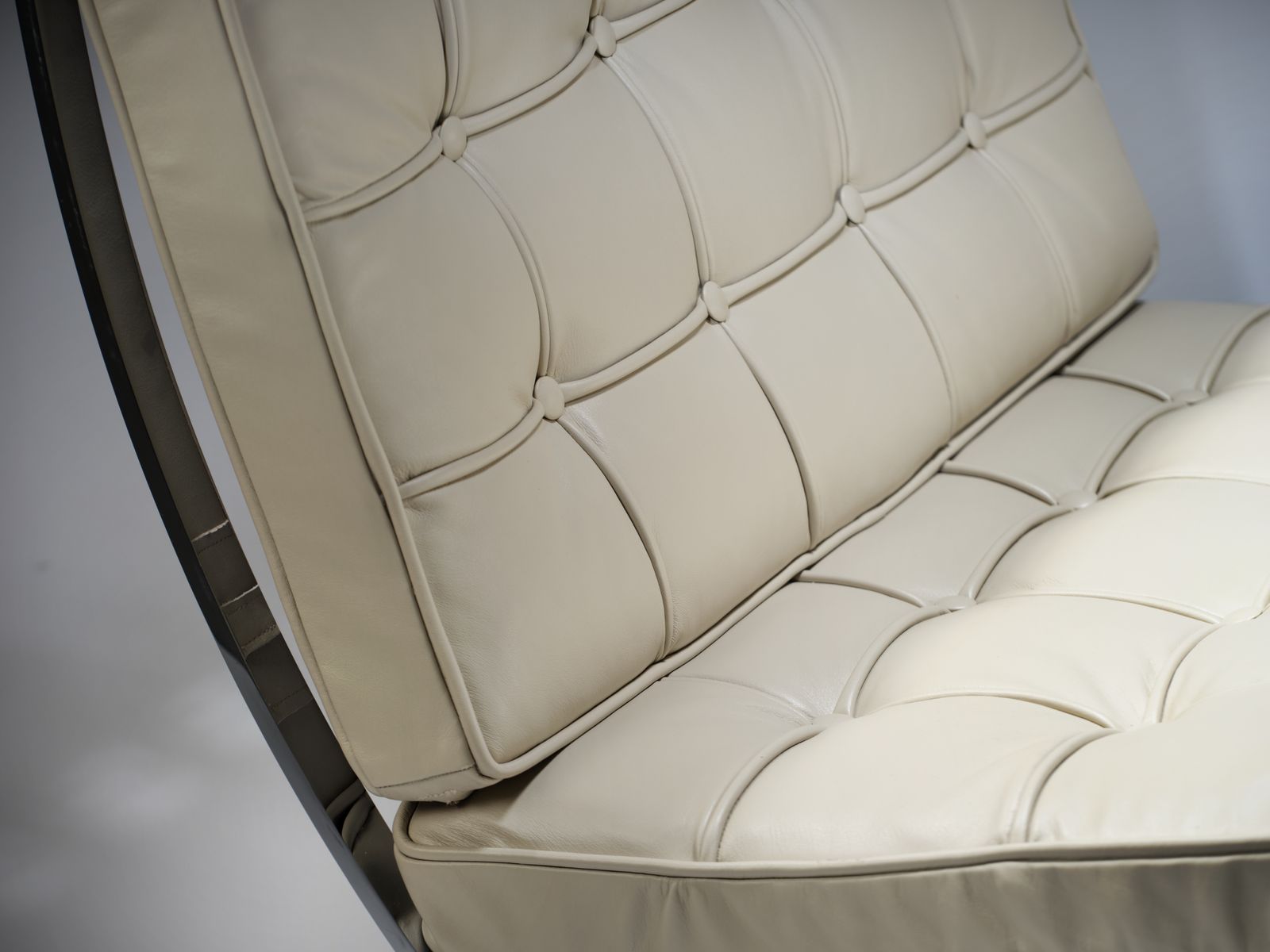 photo for sale Exquisite, Fully Restored Iconic Genuine Barcelona Chair & Ottoman By Mies Van Der Rohe For Knoll Inc, Stunning Italian Ivory Leather, USA Circa 2001.