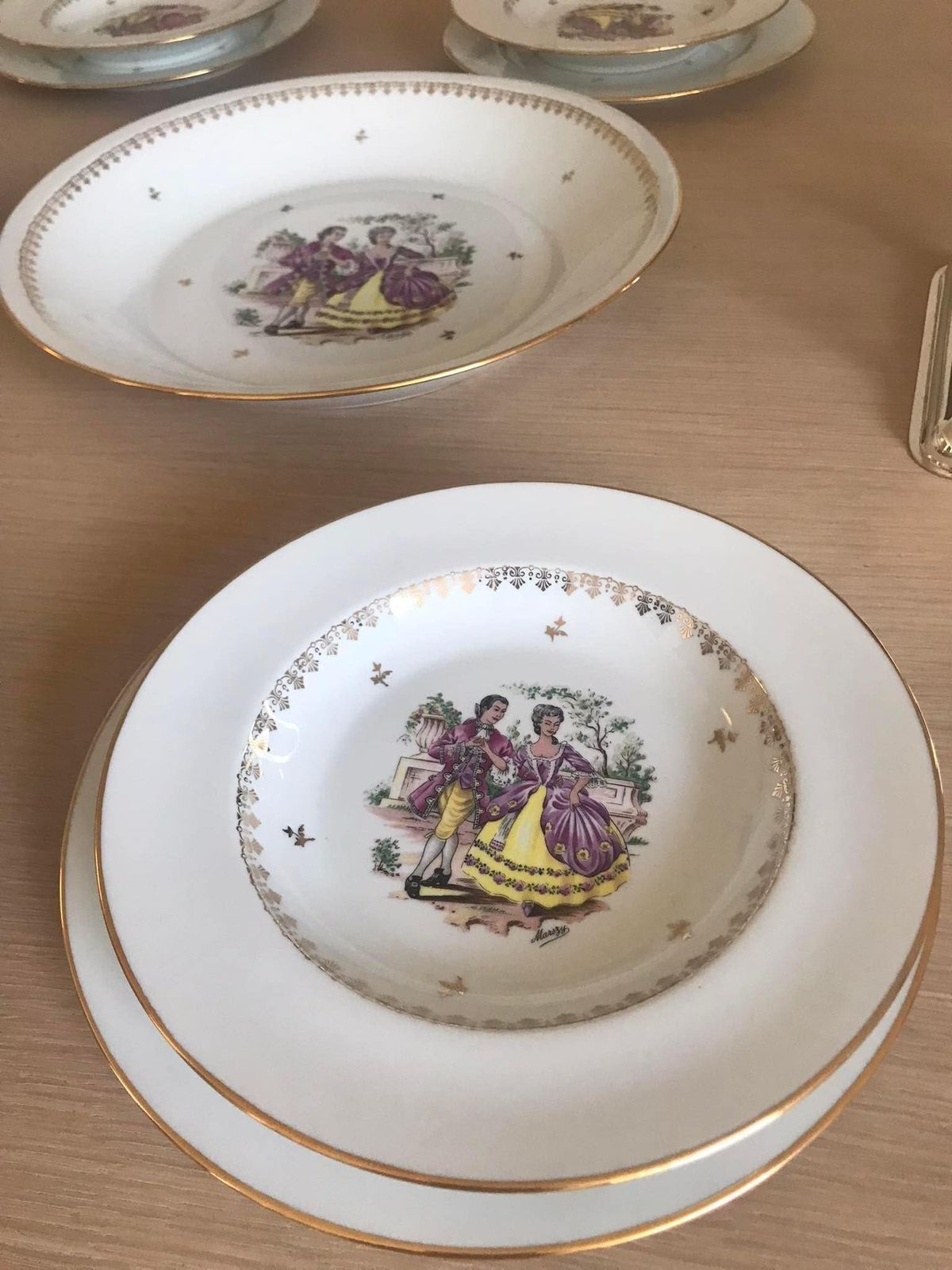 Porcelain Limoges Dinnerware Scene Gallant Soup/Pasta Plates Set 6 Scene Galante Discontinued Replacement White Golden Rim Romantic photo Home Decor