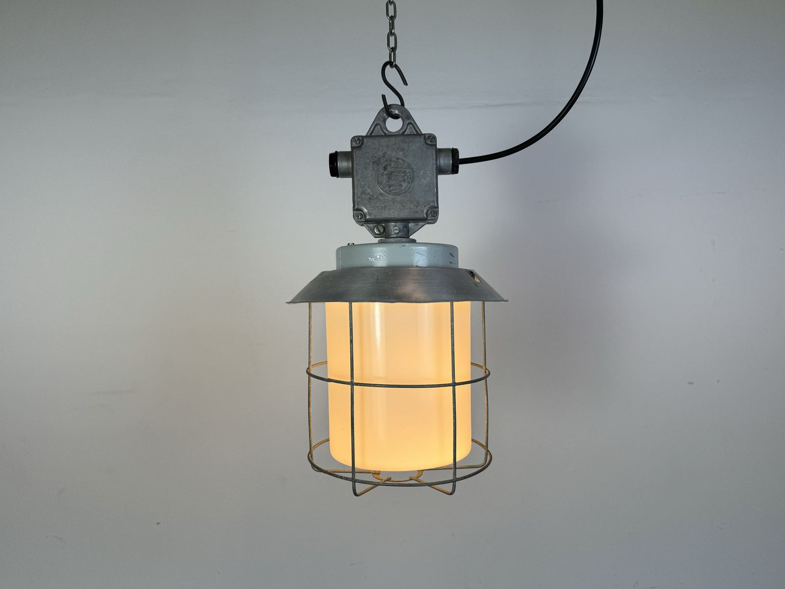 Industrial Aluminium Cage Light With Milk Glass From Elektrosvit, 1970s, 30x photo furniture