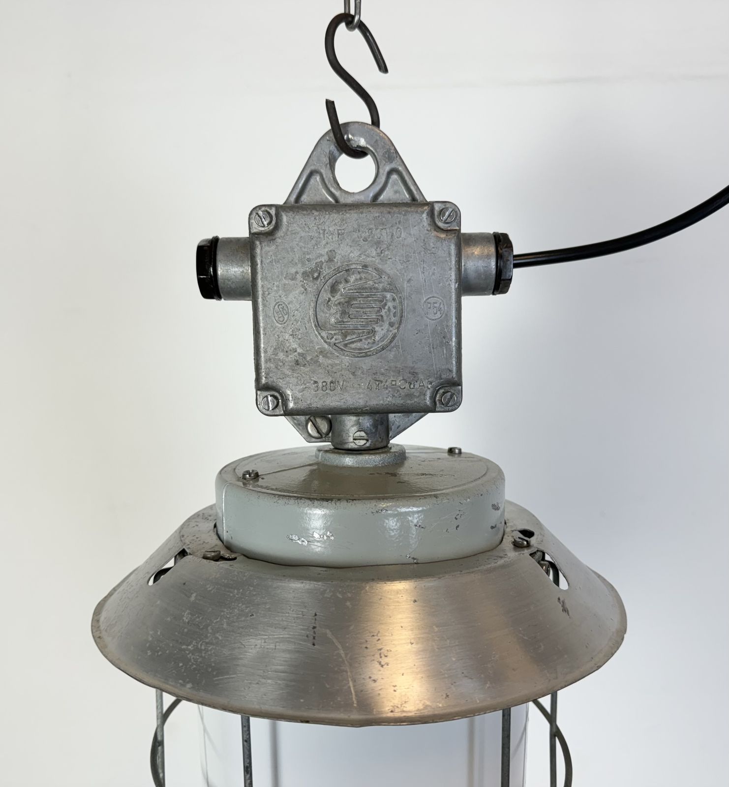 Industrial Aluminium Cage Light With Milk Glass From Elektrosvit, 1970s, 30x photo vintage