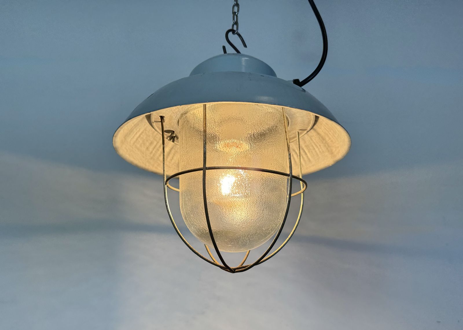 photo vintage Grey Industrial Aluminium Cage Pendant Lamp With Frosted Glass, 1970s