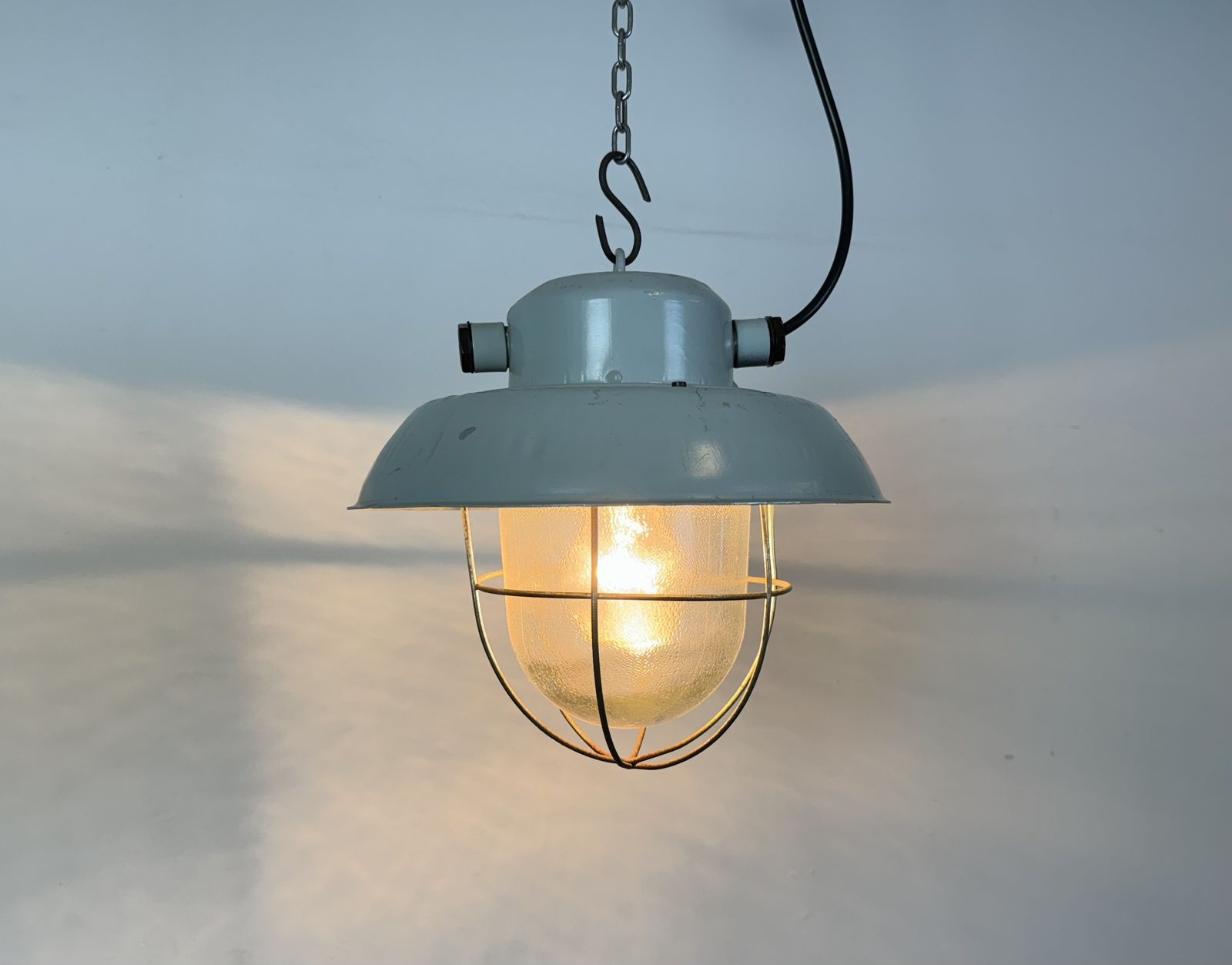 Grey Industrial Aluminium Cage Pendant Lamp With Frosted Glass, 1970s photo 179.0