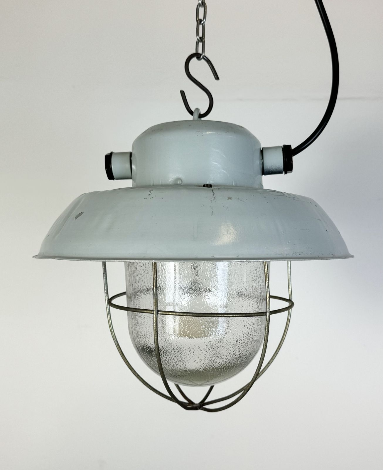 photo furniture Grey Industrial Aluminium Cage Pendant Lamp With Frosted Glass, 1970s