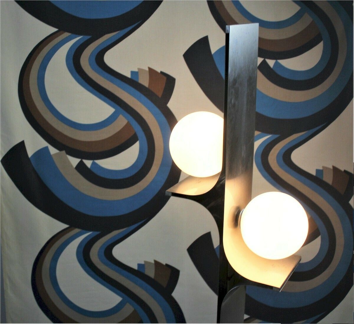 A Roll Of 1970,S Fabric Swirling Blue And Brown Geometric Pattern photo for sale
