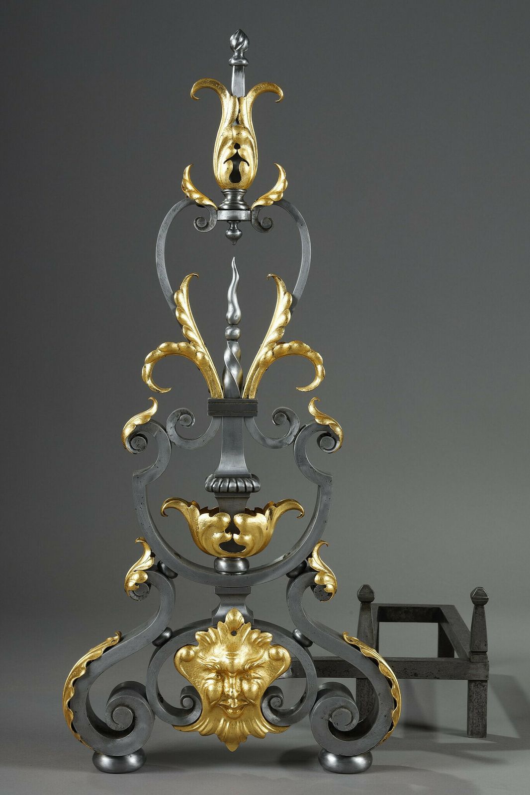 Pair Of Wrought Iron Landiers With Foliage, Mask And Scroll Decoration photo buy