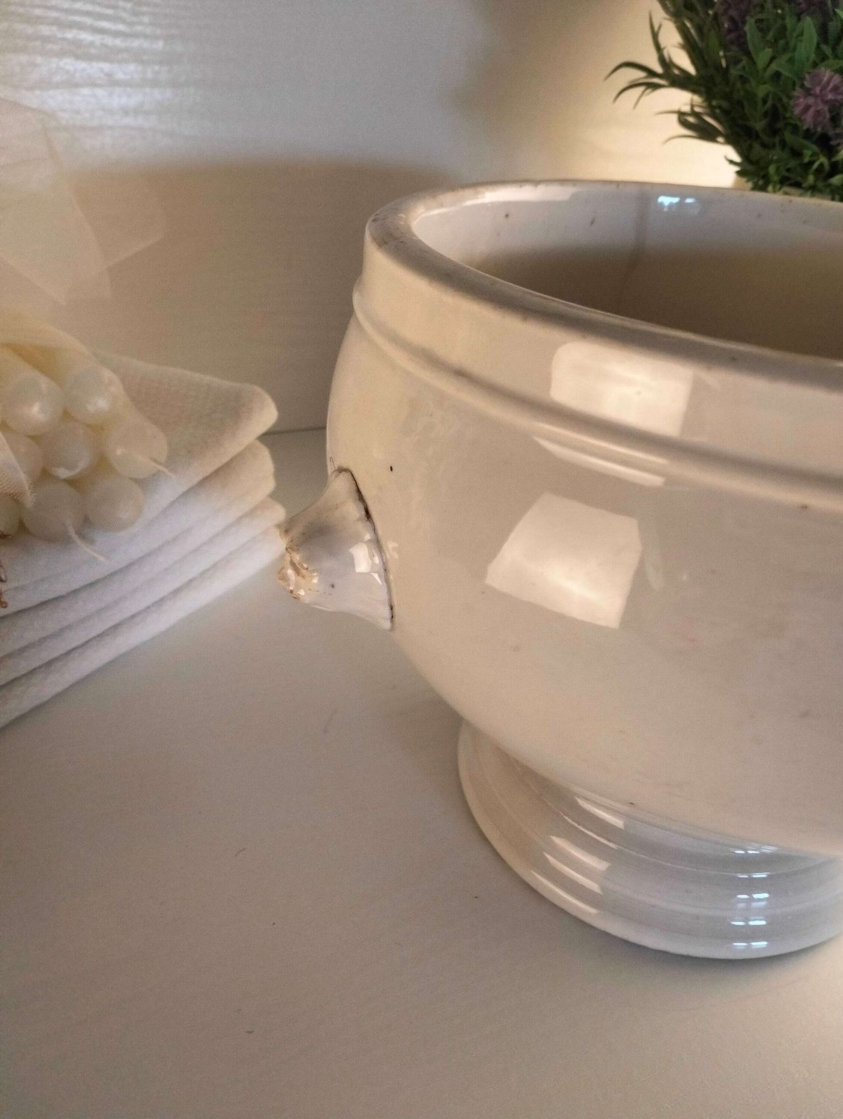 French Vintage Large Lions Head Serving Bowls, French Vintage White Earthenware Tureen, White Porcelain Jardinière, French Onion Soup Bowl photo 150.0