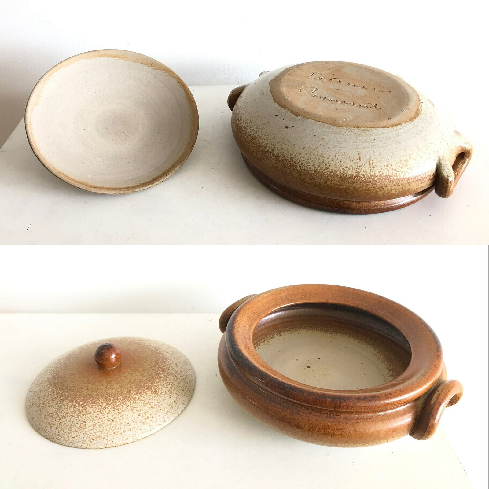 photo for sale Danish Mid Century Modern Large Original Gunni Nordstrøm Fine Art Ceramic Studio Bowl With Jar In Gorgeous Nuanced Brown And Beige Glaze