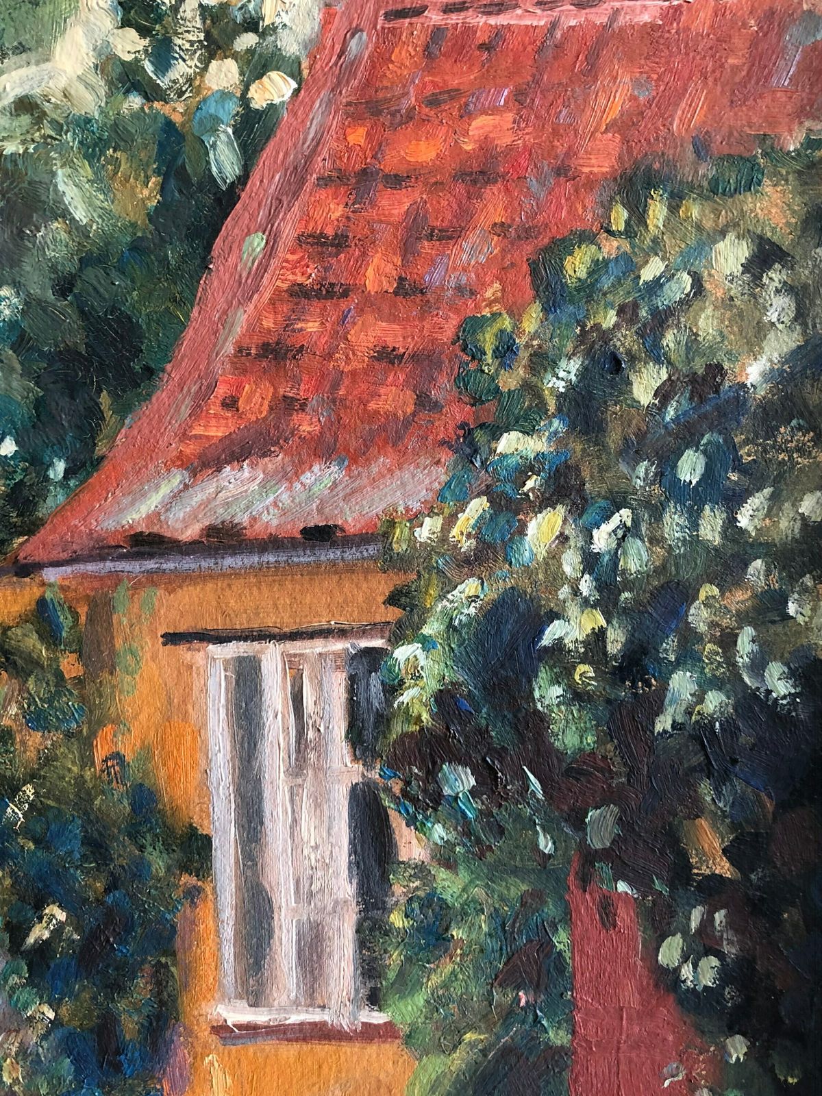 Original Oil Painting From Denmark With Motive Of Cozy Yellow House In Summertime photo buy