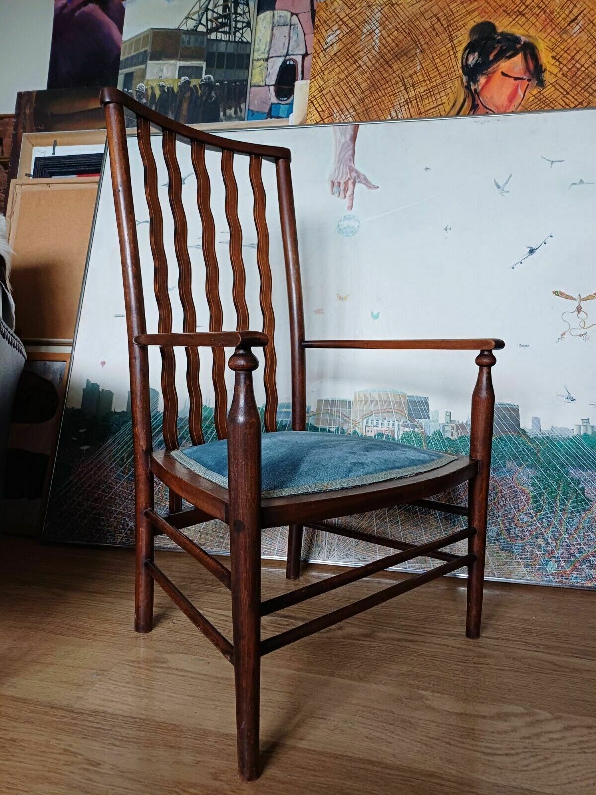 A Rare Liberty Wavy Stickback Brass Inlaid Antique Armchair photo for sale