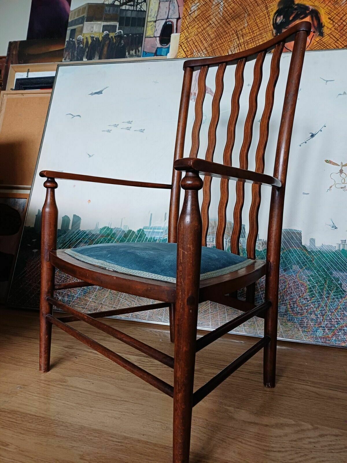 A Rare Liberty Wavy Stickback Brass Inlaid Antique Armchair photo Furniture