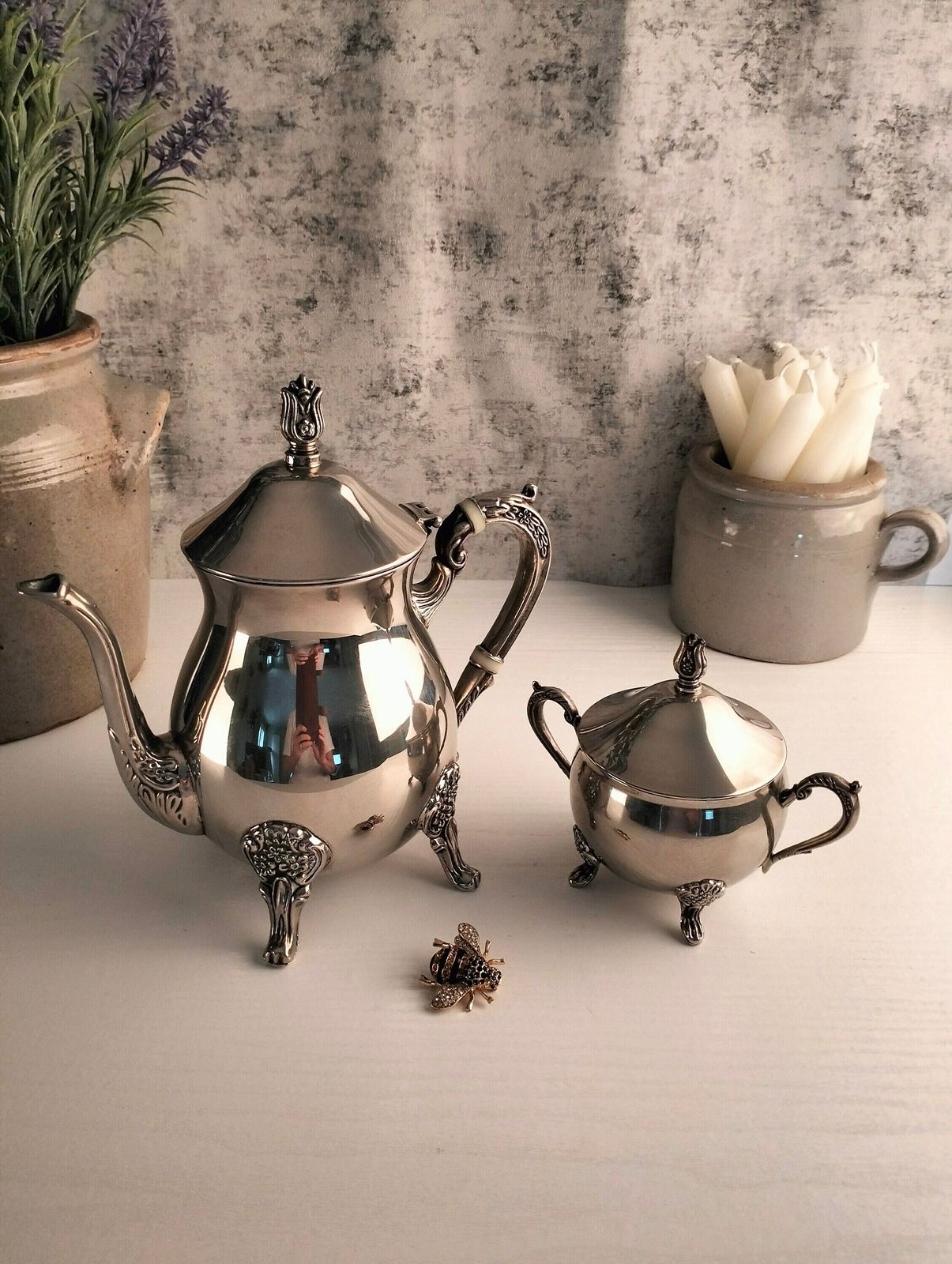 Antique Silver Plated Coffee Pot, Antique Silver Plated Sugar Bowl, Antique Silver Plated Coffee Pot & Sugar Bowl, Silver Plated Cafetière
