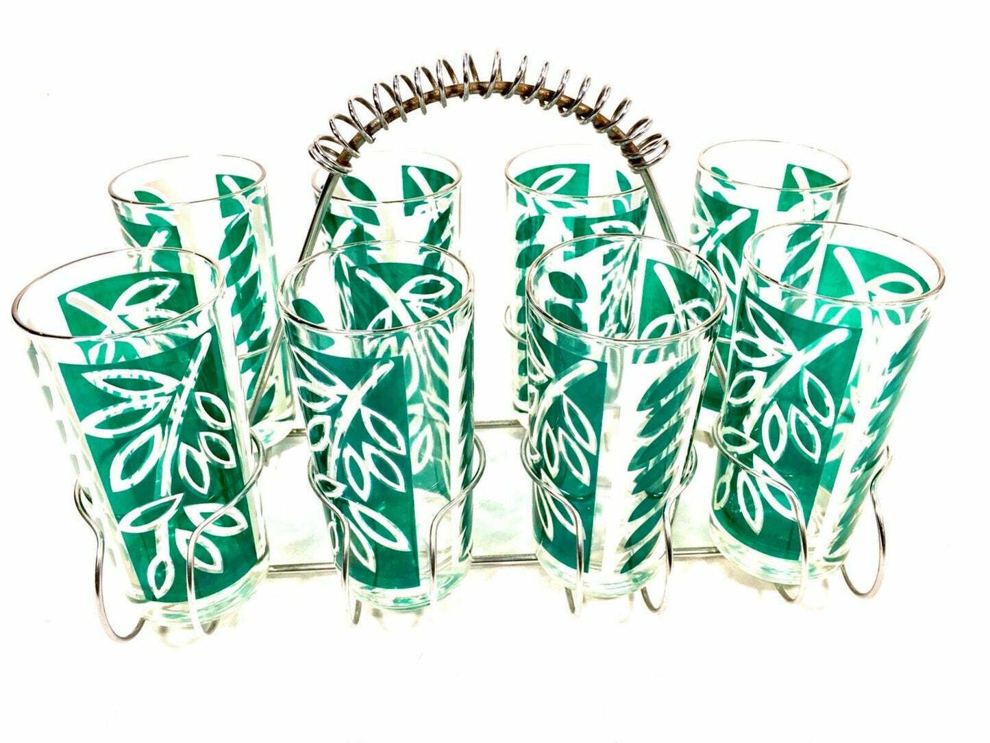 photo vinterior Vintage Mid 20th Century Green Glass Tumbler Drinking Set Chrome Carrier / Retro