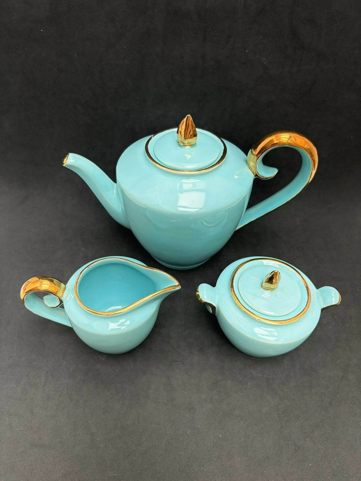 Aqua Coffee Tea Belgian Pottery Teapot Sugar Bowl Creamer Cups Turquoise And Gold 24 K 1920s Bayer Blue Green Tiffany Belgian Wedding Gift photo furniture