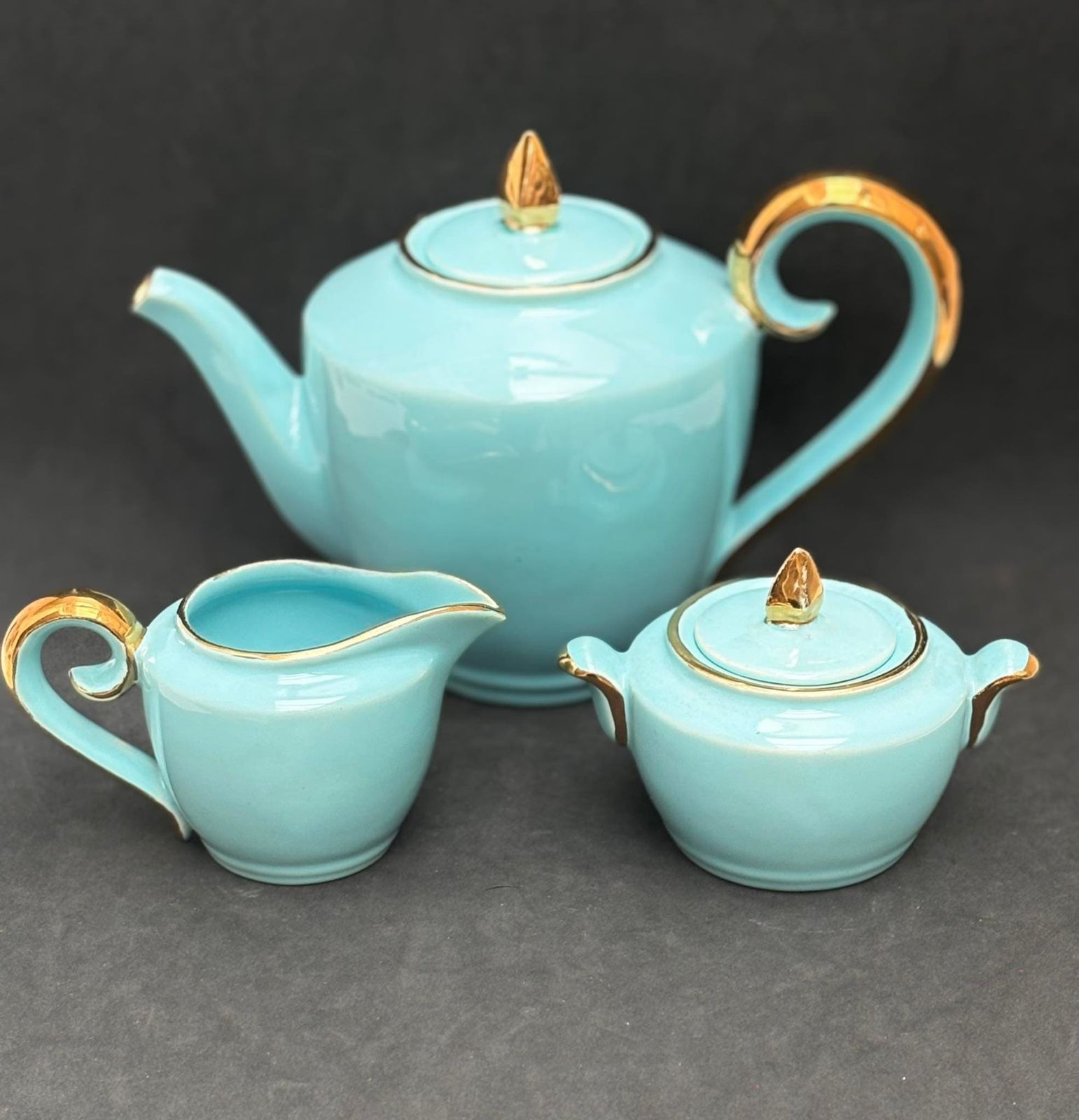 Aqua Coffee Tea Belgian Pottery Teapot Sugar Bowl Creamer Cups Turquoise And Gold 24 K 1920s Bayer Blue Green Tiffany Belgian Wedding Gift photo vinterior