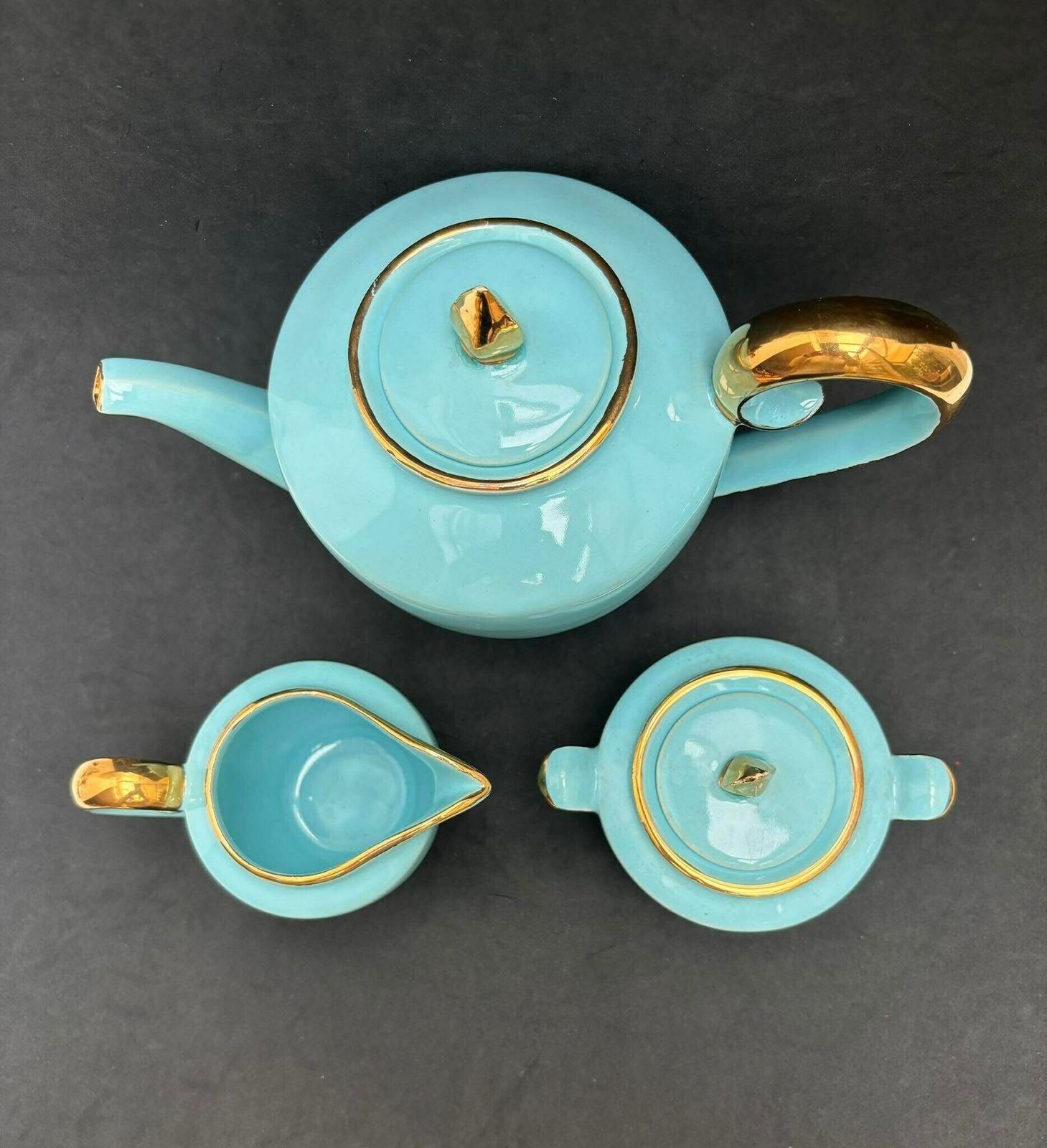 Aqua Coffee Tea Belgian Pottery Teapot Sugar Bowl Creamer Cups Turquoise And Gold 24 K 1920s Bayer Blue Green Tiffany Belgian Wedding Gift photo vintage