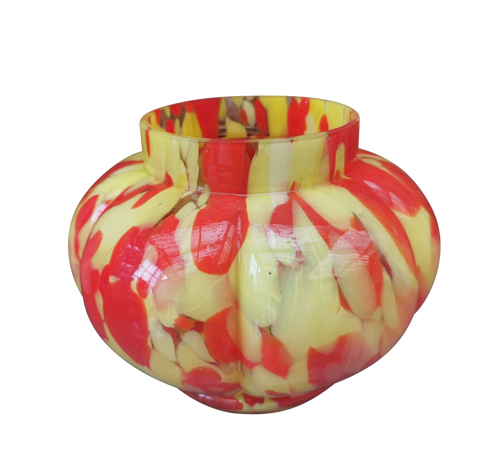 1930s Franz Welz Glass Bowl, Spatter Glass In Red And Yellow