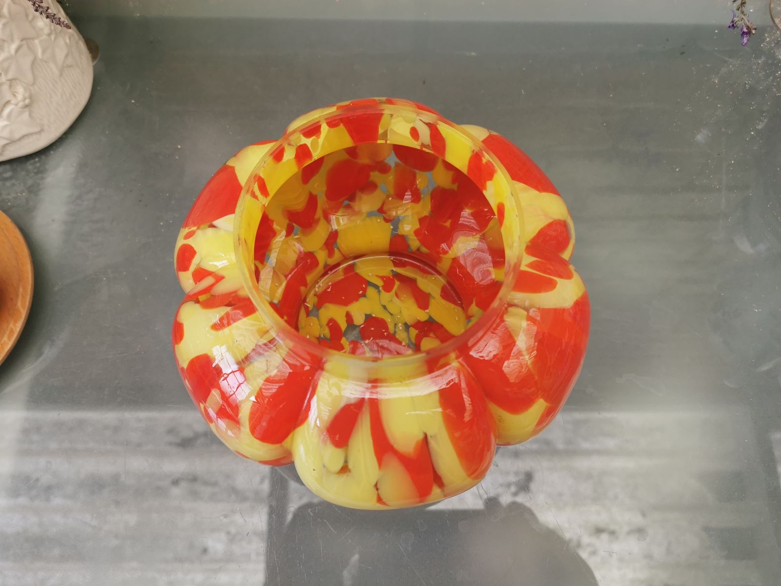1930s Franz Welz Glass Bowl, Spatter Glass In Red And Yellow photo for sale