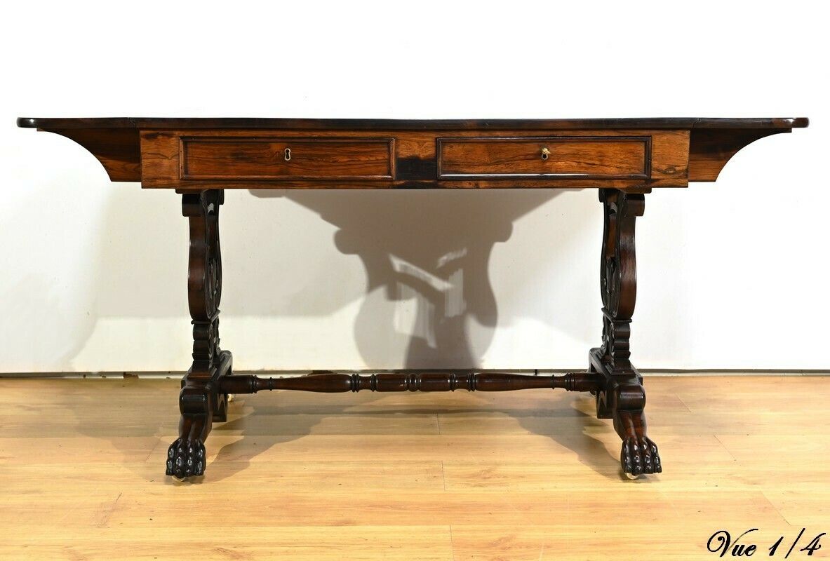 Desk Table With Shutters In Solid Rosewood, Restoration Period – Early 19th Century photo vintage