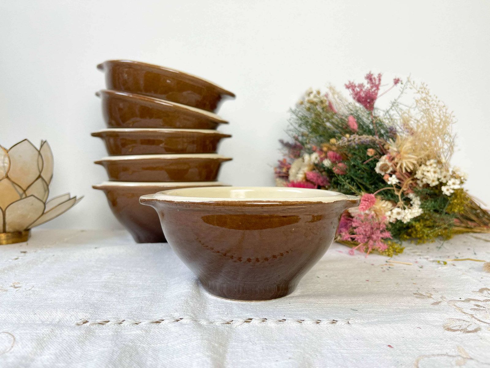 6 Brown Glazed Stoneware Onion Soup Bowls ~ Vintage Ceramic Bowls ~ Stoneware Bowls ~ Vintage Tableware ~ Vintage Soup Bowls