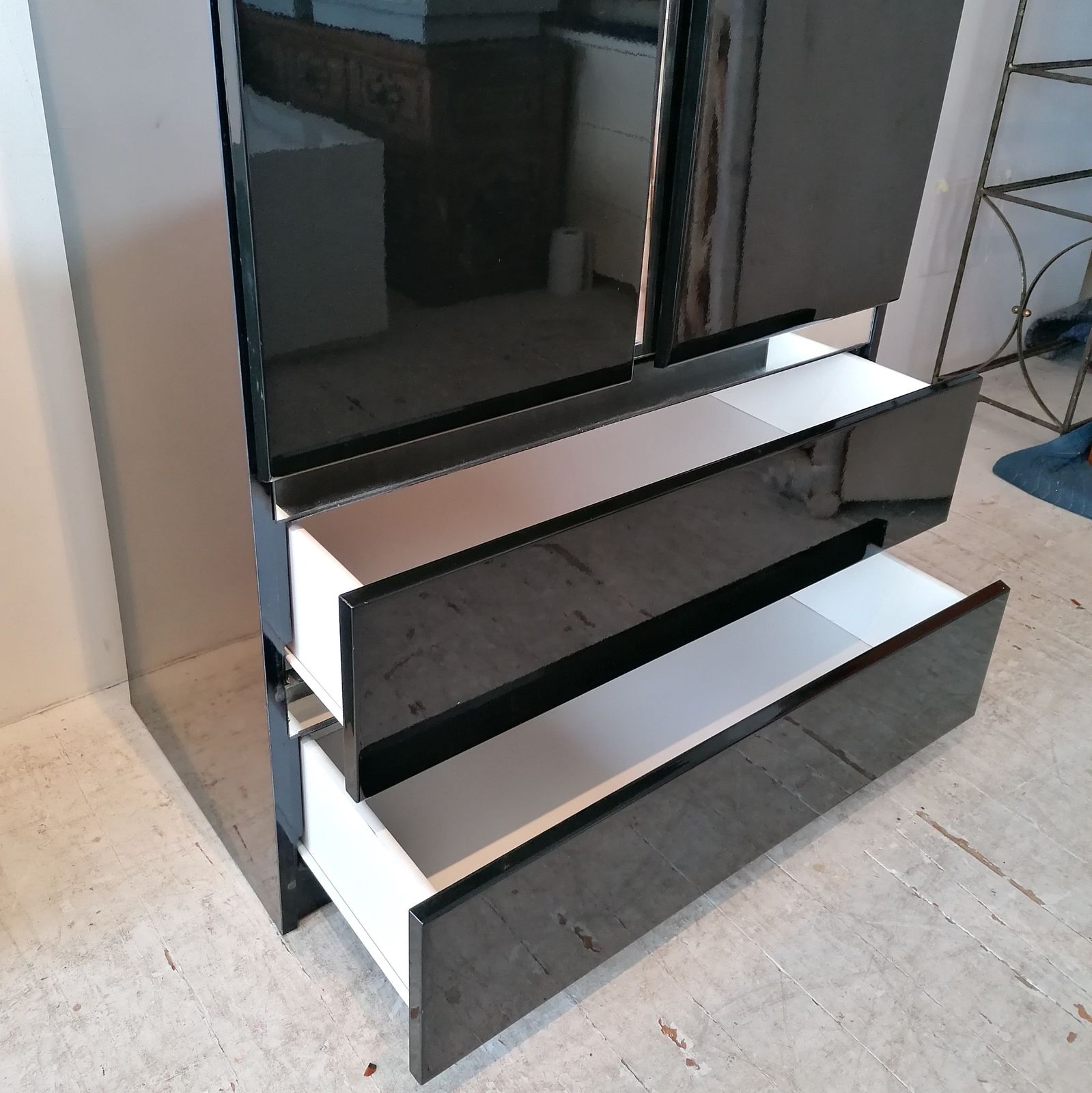 Vintage Post Modern Deco Revival Black Lacquer Tall Cabinet / Tallboy, USA 1980s photo Furniture