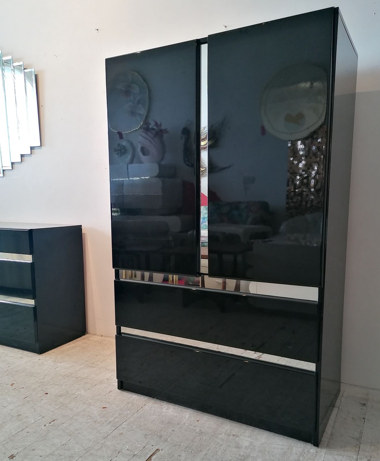 photo furniture Vintage Post Modern Deco Revival Black Lacquer Tall Cabinet / Tallboy, USA 1980s
