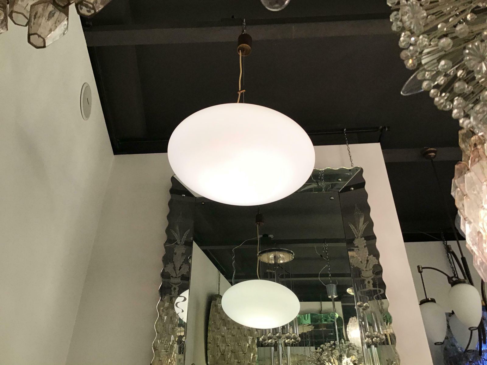 Stilnovo Couple Chandeliers Opaline Glass Brass, 1950, Italy photo 7843.0