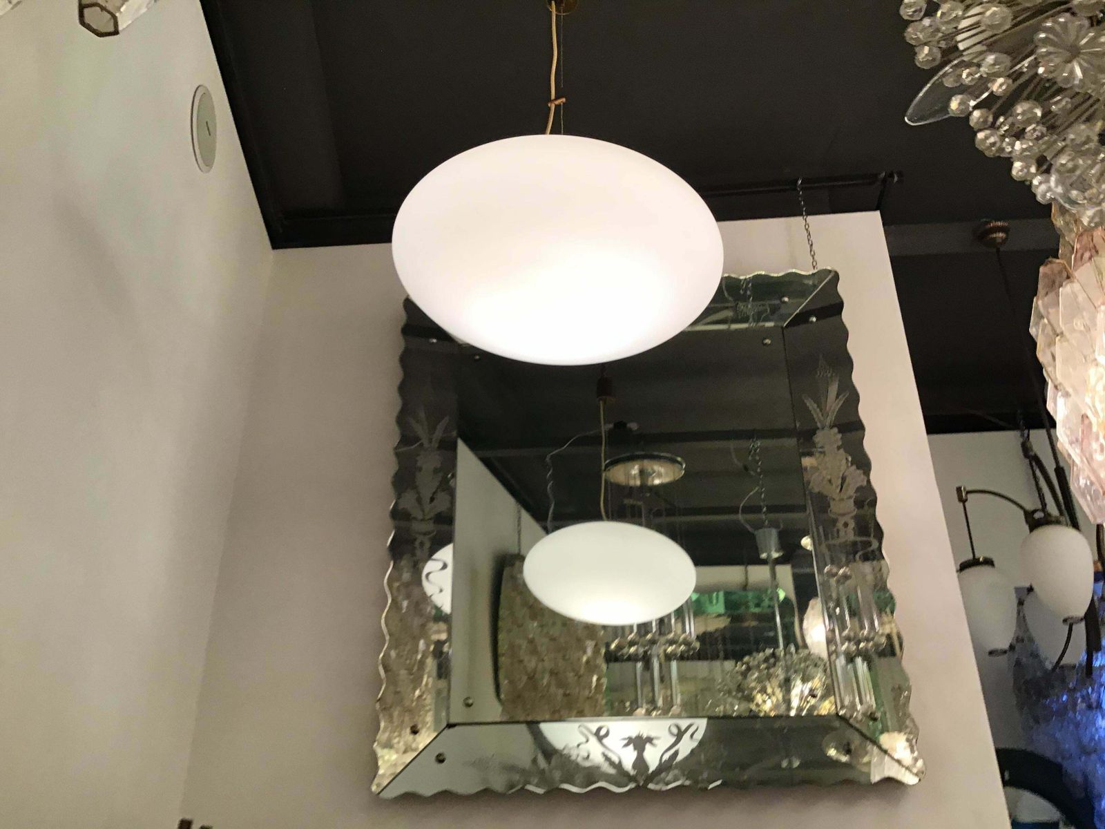 Stilnovo Couple Chandeliers Opaline Glass Brass, 1950, Italy photo vinterior
