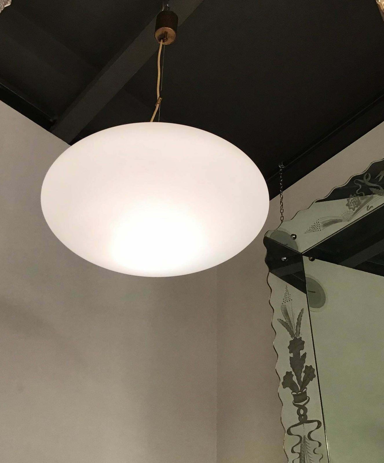 Stilnovo Couple Chandeliers Opaline Glass Brass, 1950, Italy photo buy