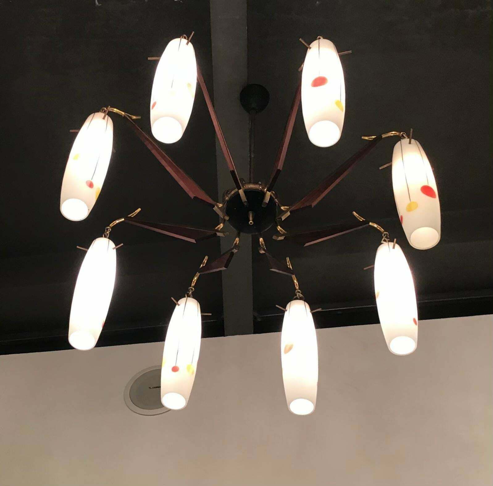 Stilnovo Chandelier Brass Wood Opaline Glass 1955 Italy photo furniture