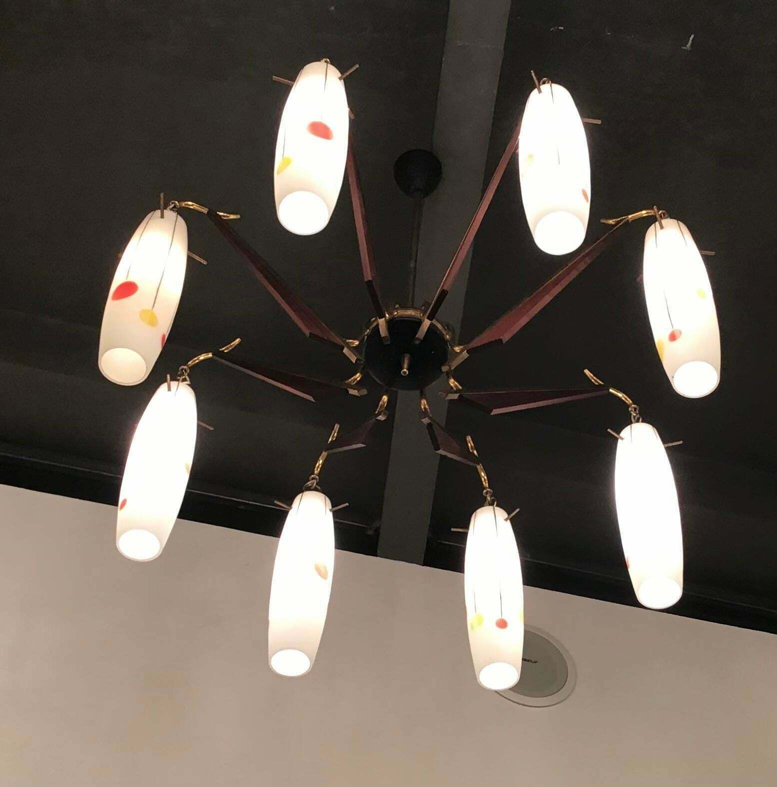 Stilnovo Chandelier Brass Wood Opaline Glass 1955 Italy photo for sale