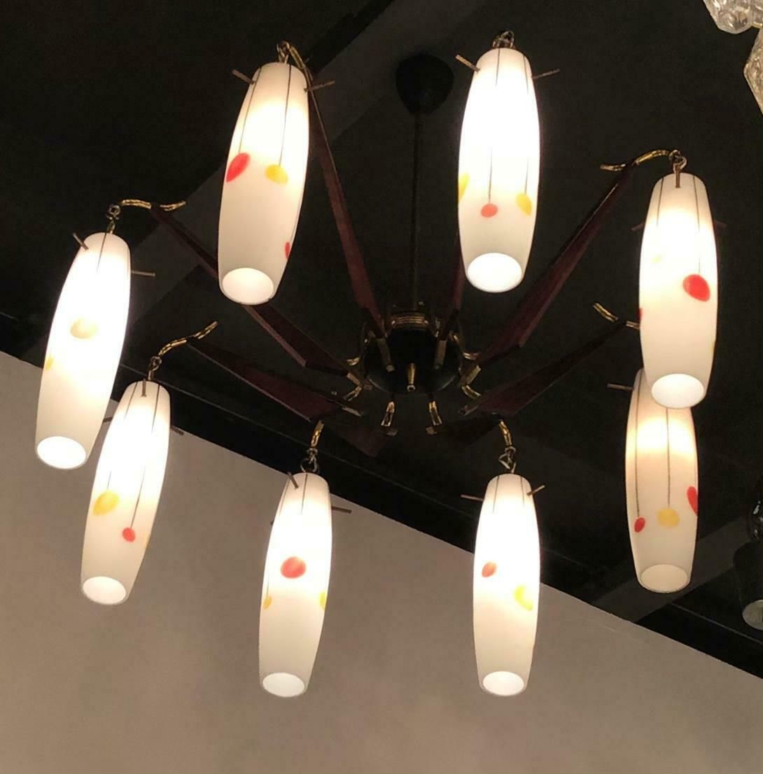 Stilnovo Chandelier Brass Wood Opaline Glass 1955 Italy photo vinterior