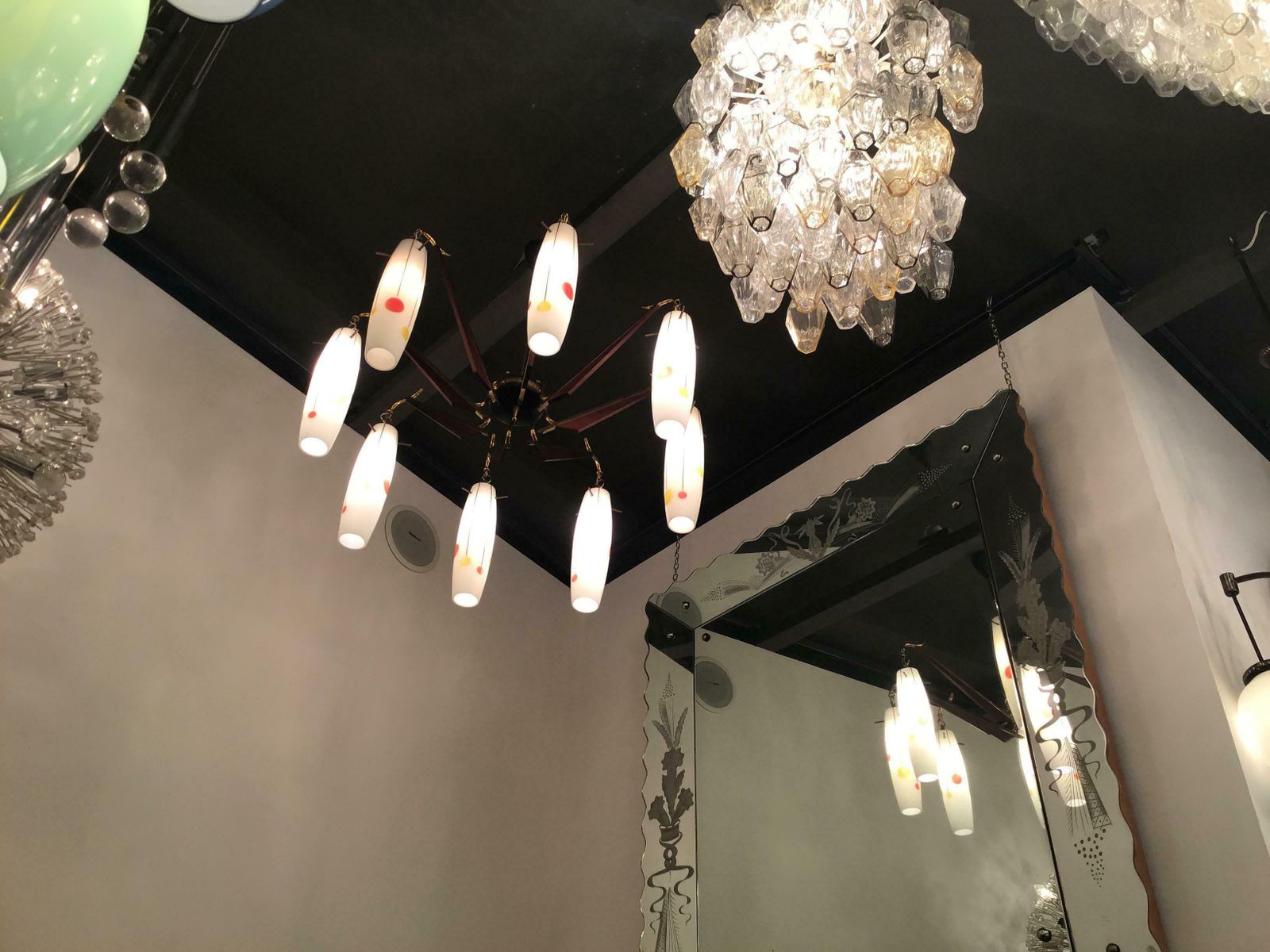 photo furniture Stilnovo Chandelier Brass Wood Opaline Glass 1955 Italy