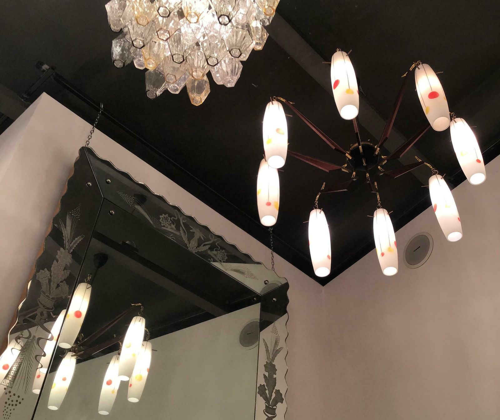 Lighting Stilnovo Chandelier Brass Wood Opaline Glass 1955 Italy photo