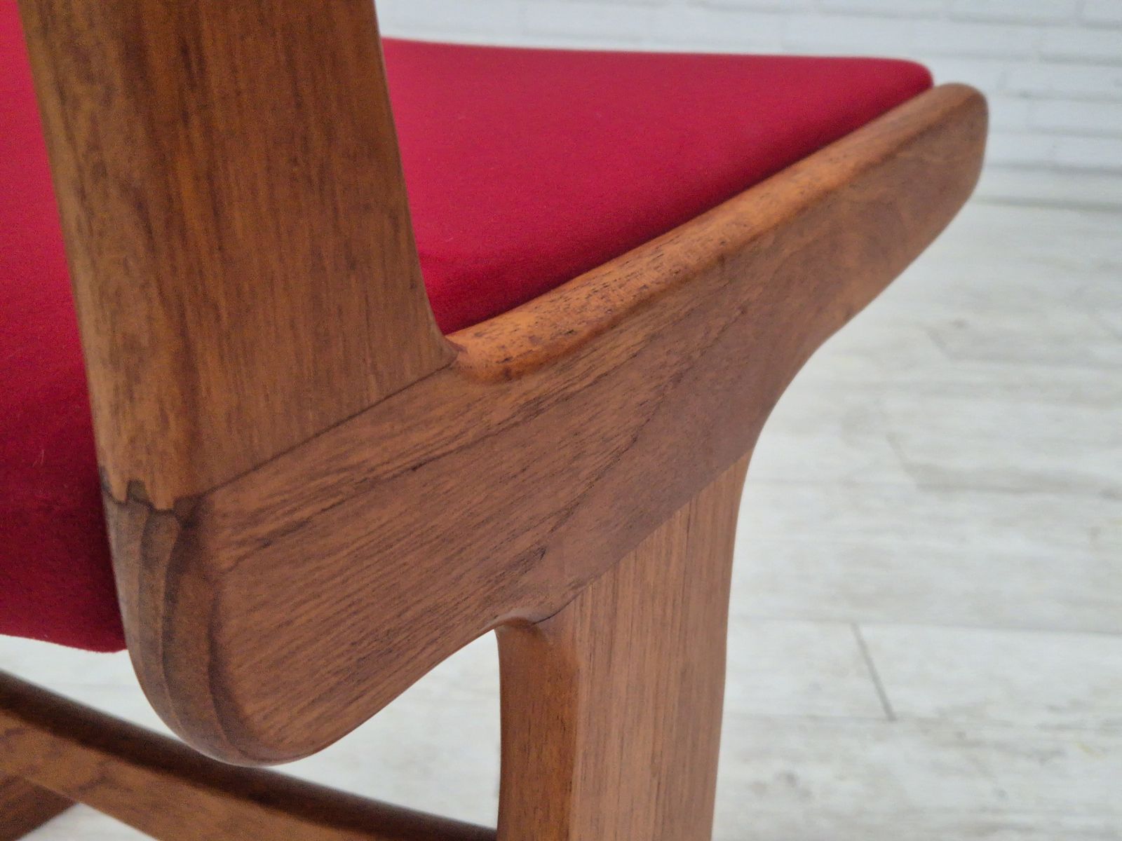 Furniture 1970s, Set Of 4 Reupholstered Danish Chairs, Teak Wood, Cherry Red Furniture Velour. photo