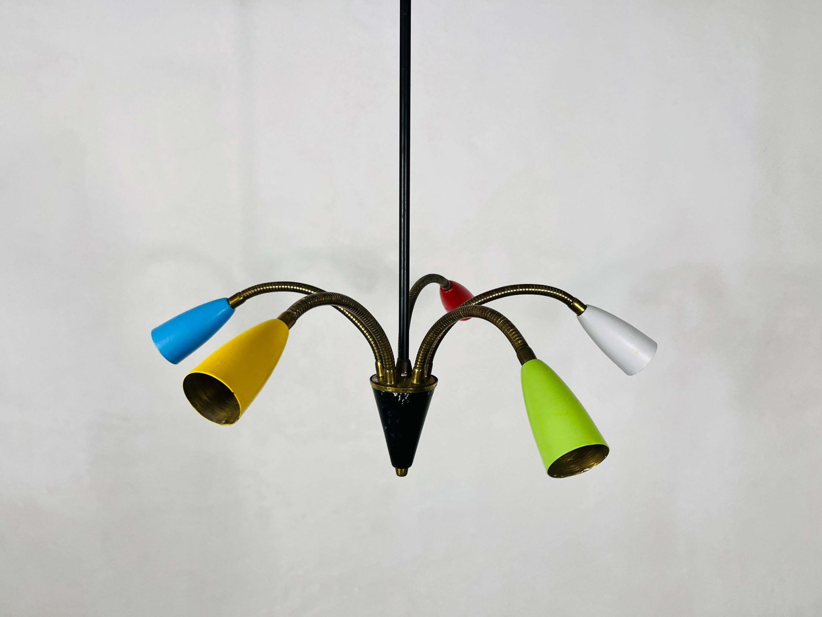 Colorful Mid Century Brass 5 Arm Sputnik Chandelier, 1950s photo furniture