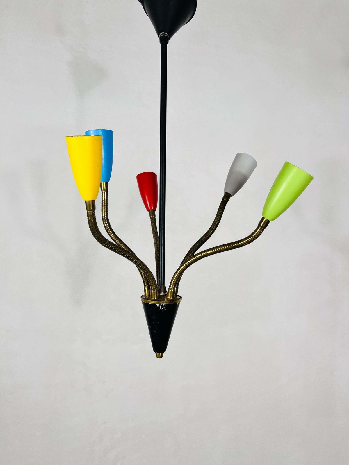 Colorful Mid Century Brass 5 Arm Sputnik Chandelier, 1950s photo Lighting