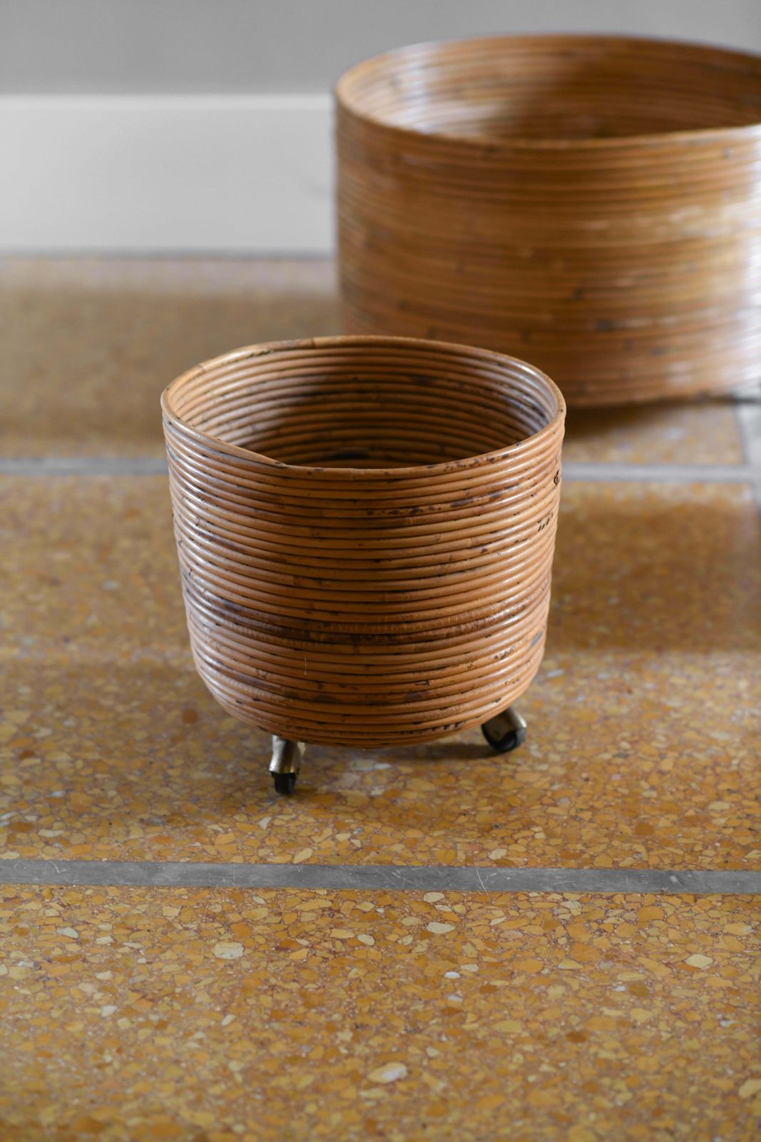 Set Of 5 Rattan Pot Holders With Wheels, Italy 1980 photo for sale