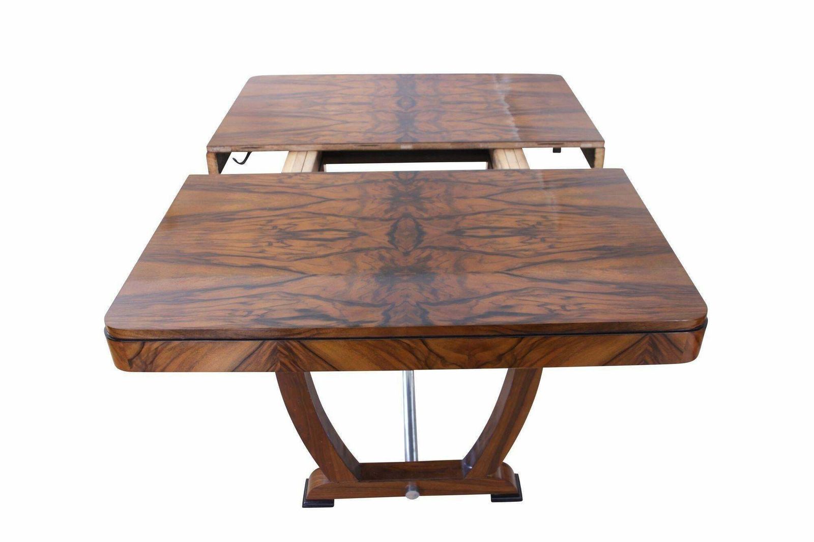 Expandable Art Deco Dining Table, Amazing Walnut Veneer, France, Circa 1930 photo for sale