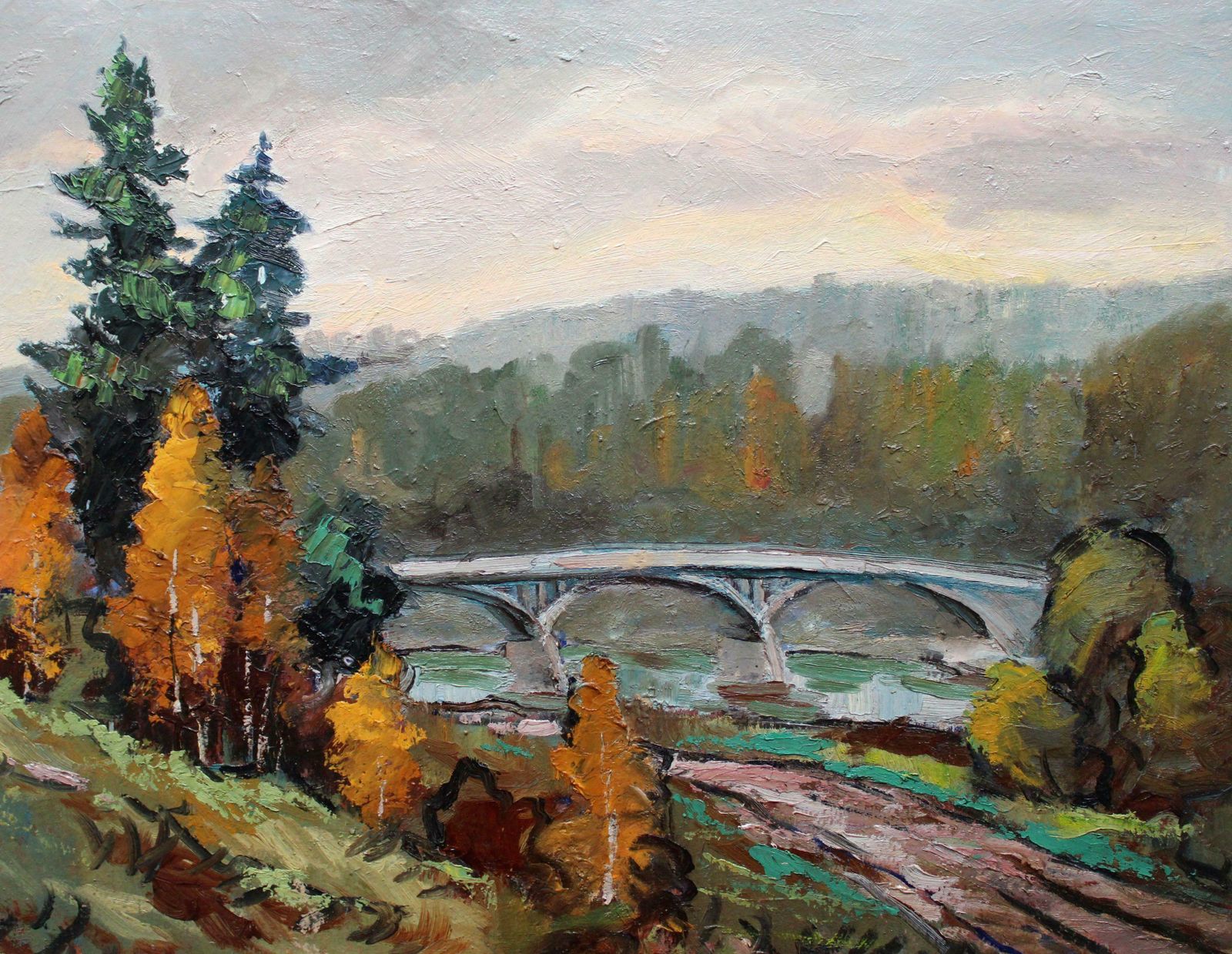Wilhelms Girupnieks Bridge In Autumn. 1964. Oil On Cardboard,