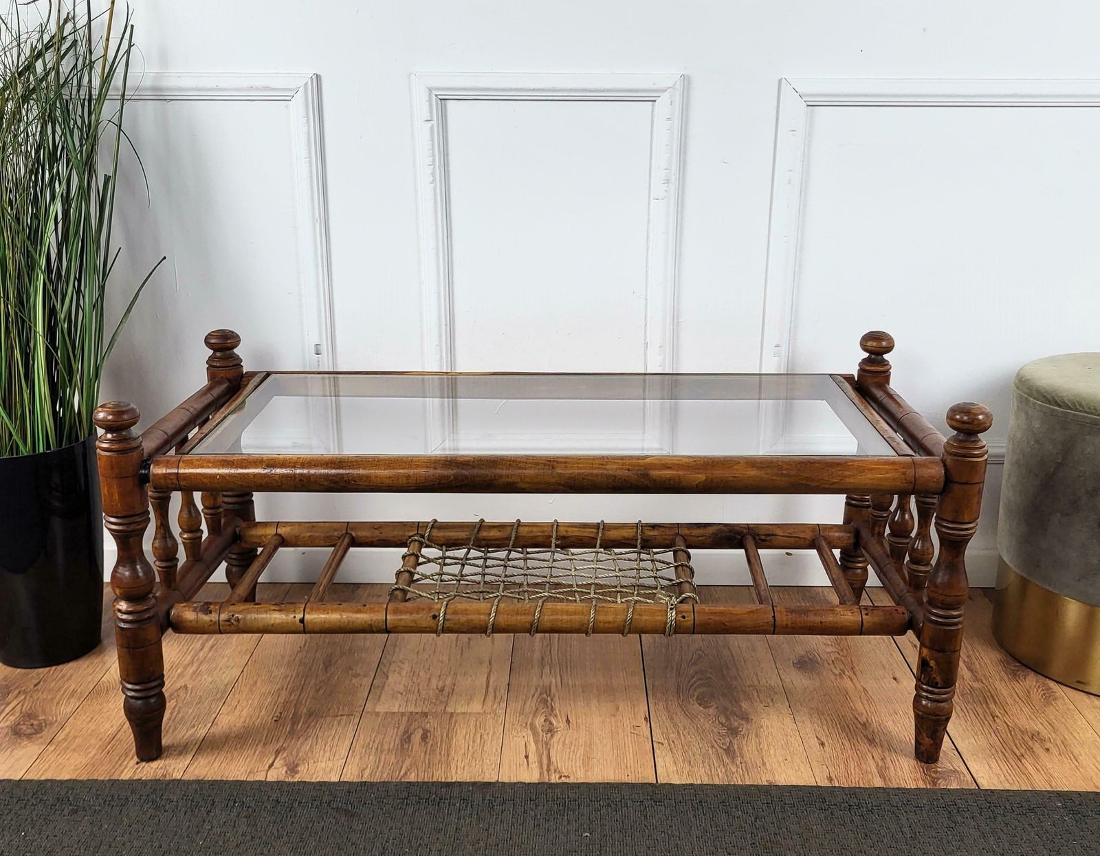 Antique Italian Walnut Glass Top And Rope Carved Turned Coffee Table Side Table photo 1046.0