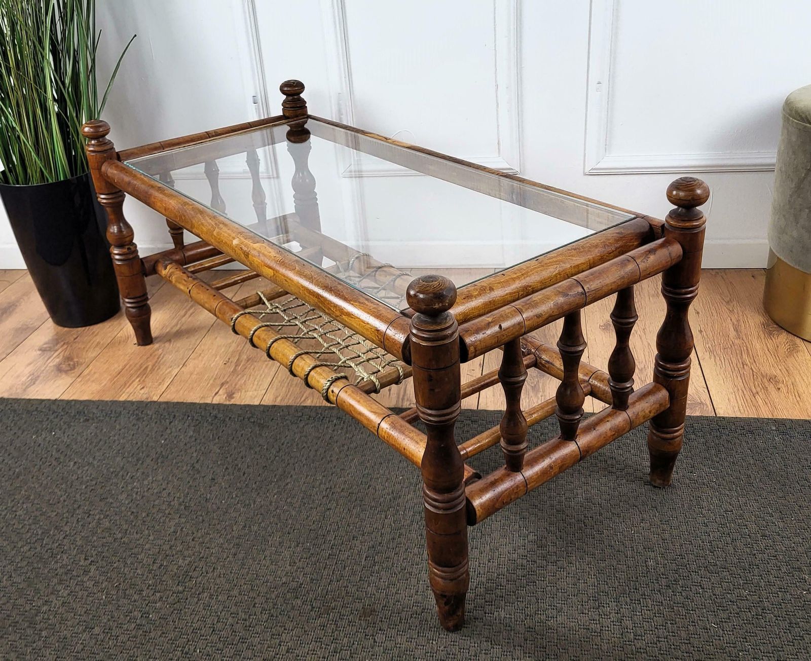 photo furniture Antique Italian Walnut Glass Top And Rope Carved Turned Coffee Table Side Table
