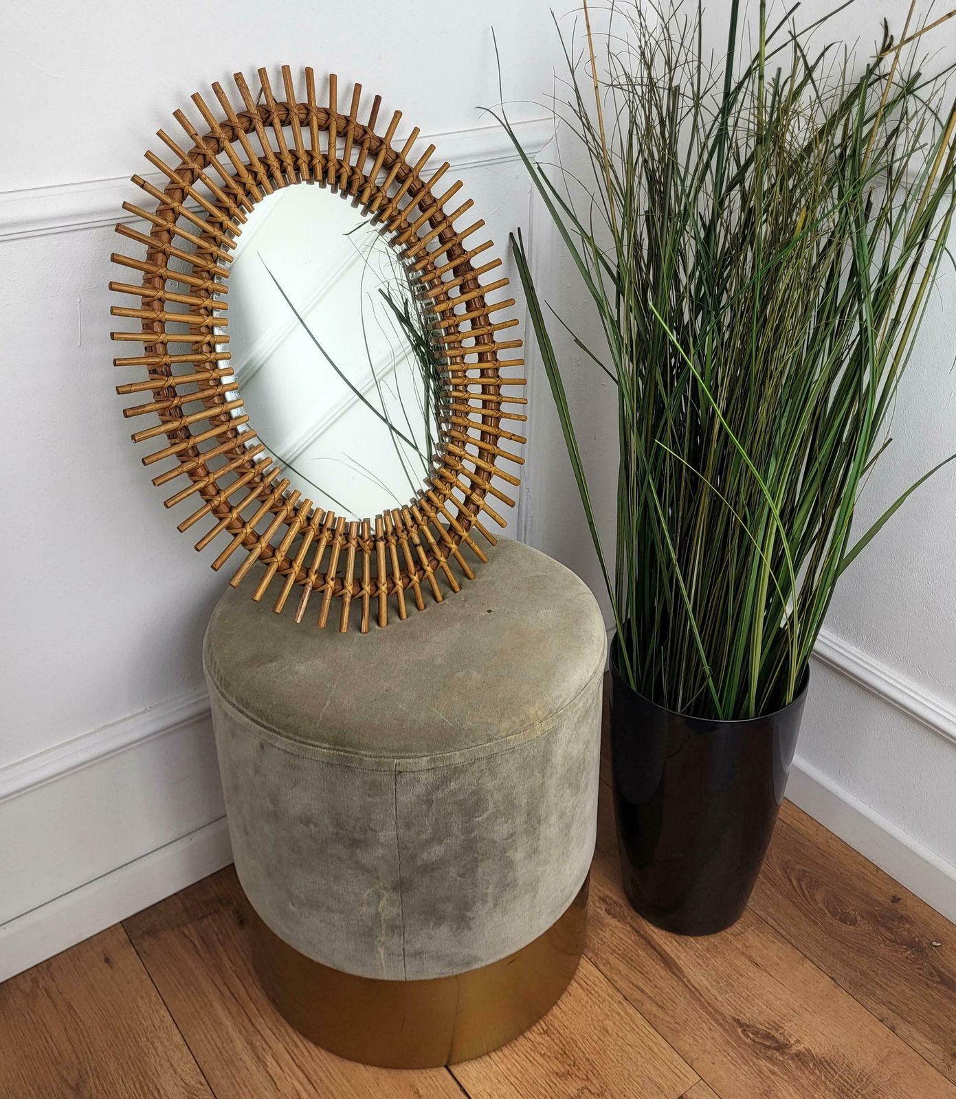 1970s Italian Bamboo Rattan Bohemian French Riviera Small Oval Wall Mirror photo for sale