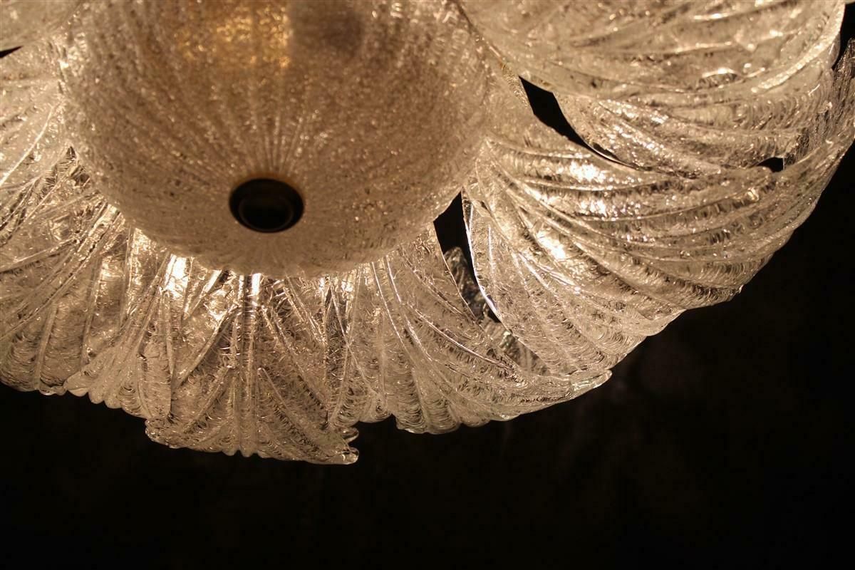 Round Italian Flowered Chandelier From The 70s In Murano Glass. Brass Parts With Golden Plate photo for sale