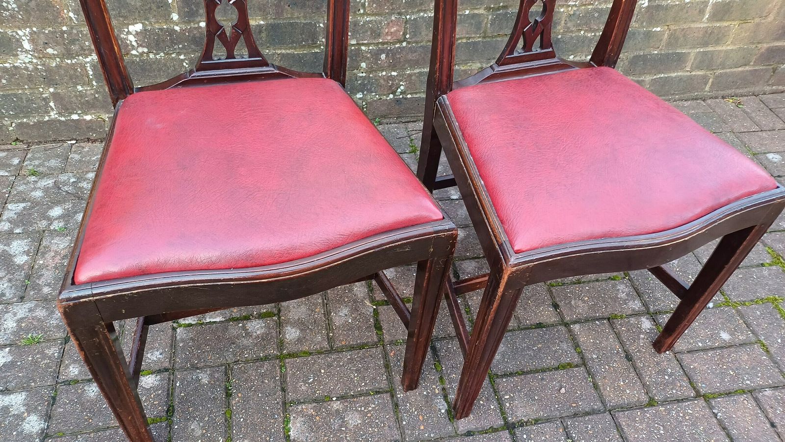 Pair Of Vintage Late Victorian Carved Mahogany Chairs Red Leatherette Seats. photo 275.0