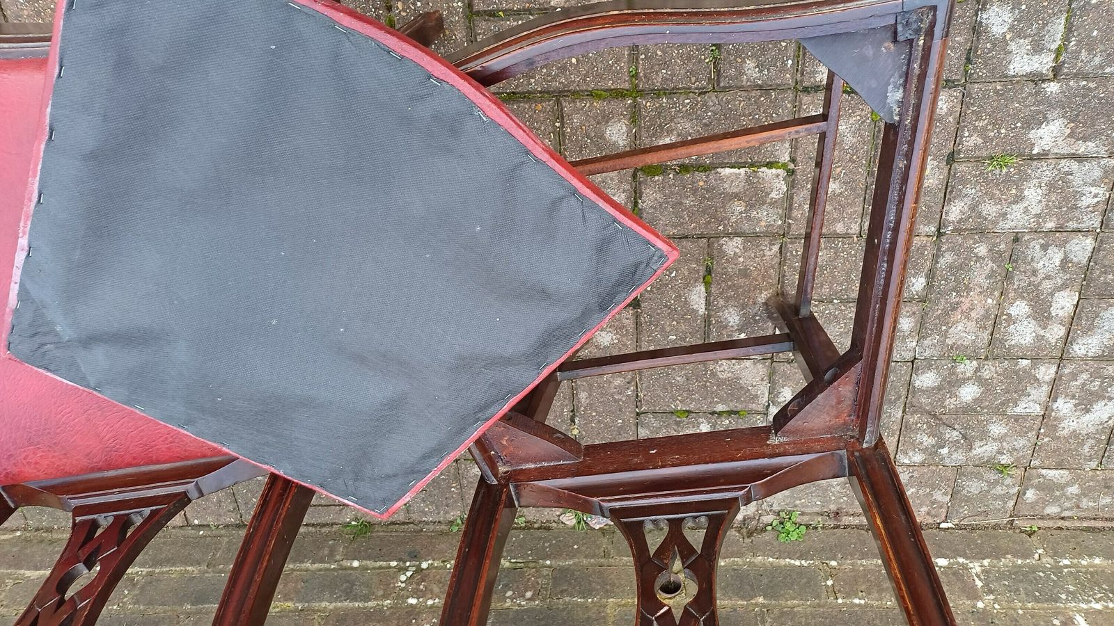 Pair Of Vintage Late Victorian Carved Mahogany Chairs Red Leatherette Seats. photo buy